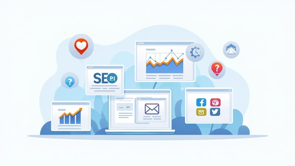 Icons and illustrations showing different digital marketing channels such as email, social media, SEO, and paid ads
