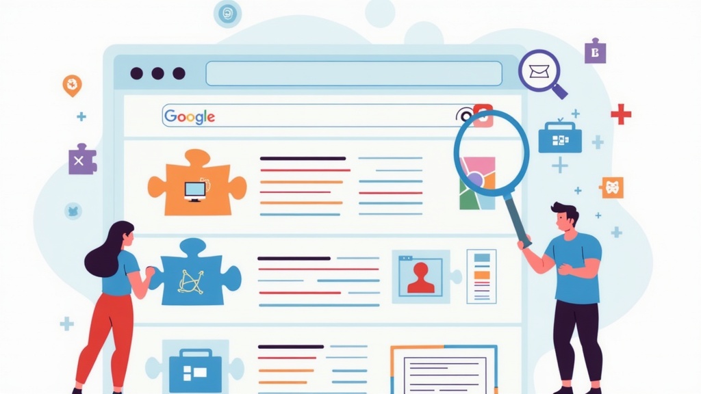 Colorful illustration of a website homepage with search engine icons, page titles, meta tags, links, and content blocks shown as puzzle pieces fitting together