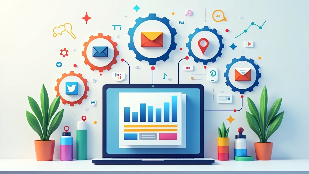 Illustration of various digital marketing icons like email, SEO, social media, and analytics surrounding a laptop.