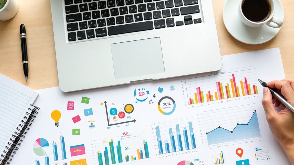 Digital marketing tools, charts, and laptop on a desk